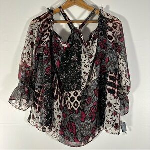 INC International Concepts Floral Patchwork Romantic Ruffled Off Shoulder Blouse